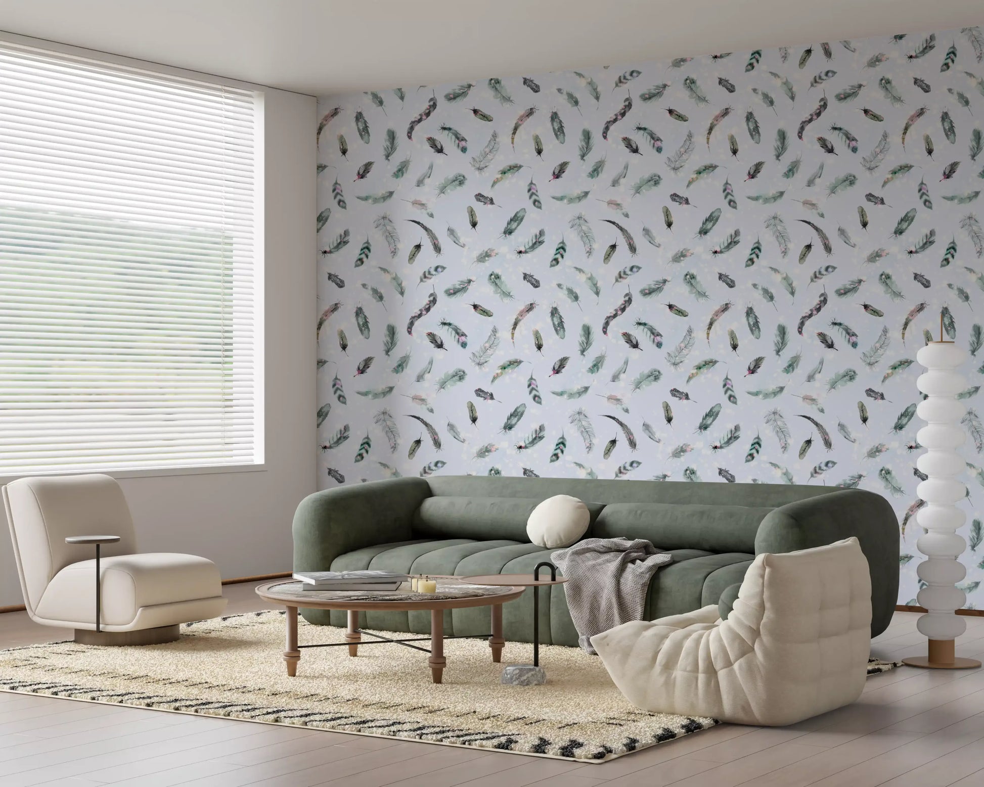 Watercolour feather wallpaper with pink and grey splashes, GD10585