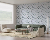Watercolour feather wallpaper with pink and grey splashes, GD10585