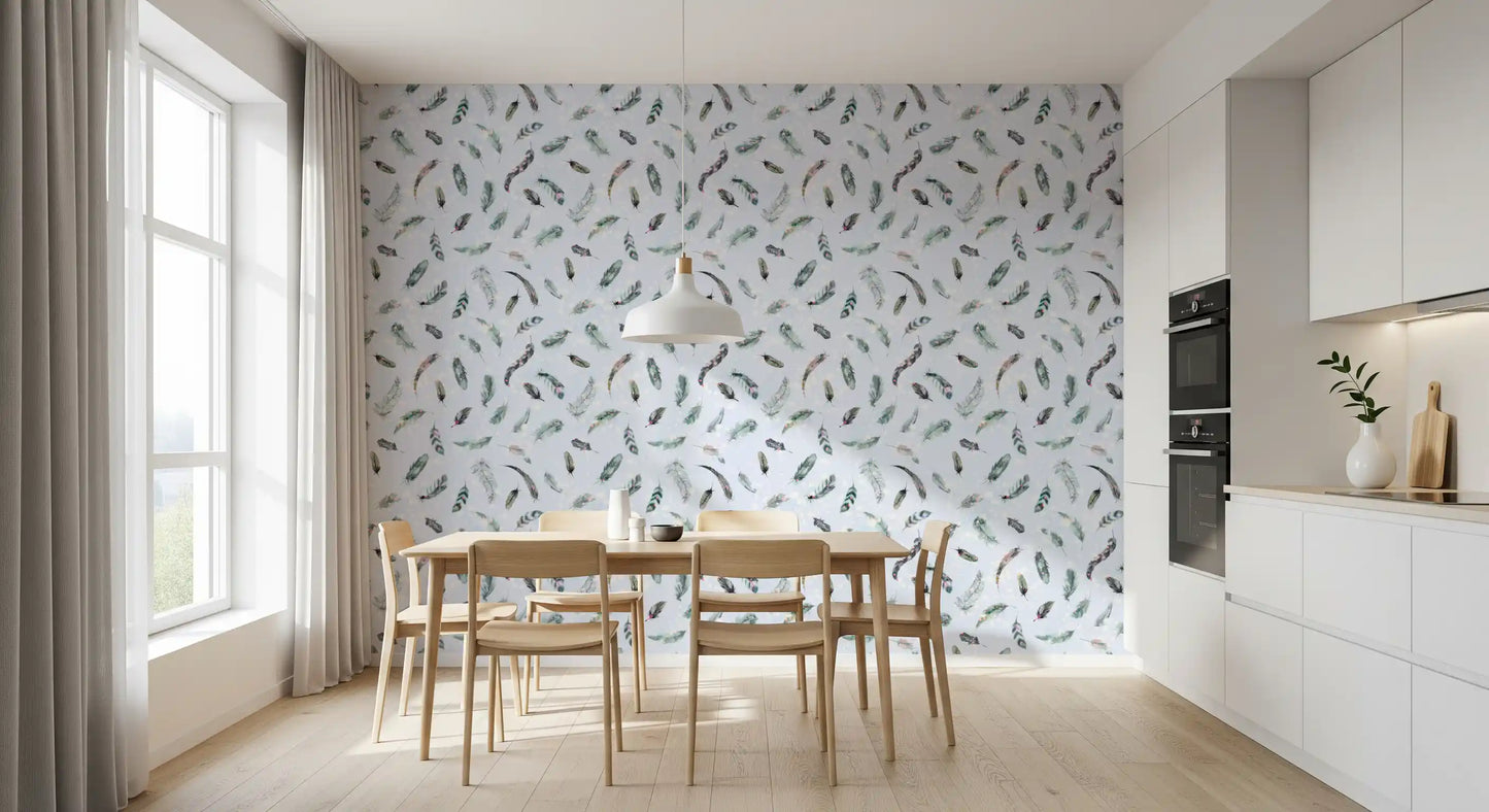 Pale blue feather wallpaper with scattered painted plumes, GD10585
