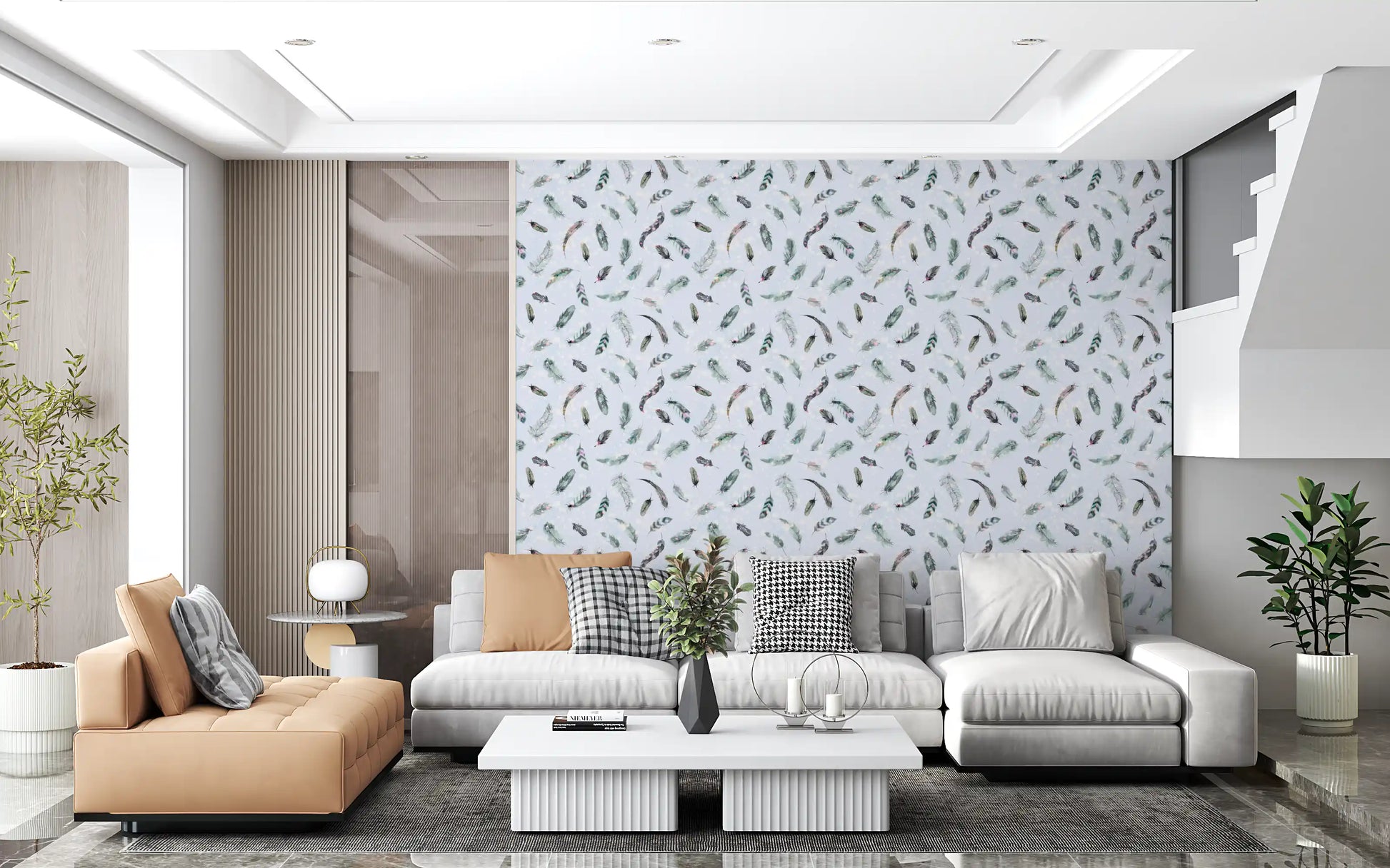 Nursery wall mural feather pattern in soft watercolour shades, GD10585