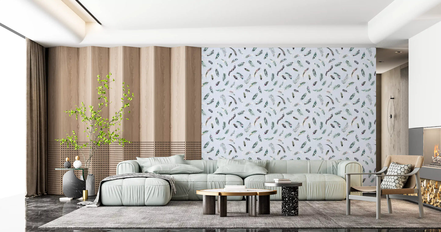 Soft watercolour feather wallpaper in muted sage tones, GD10585
