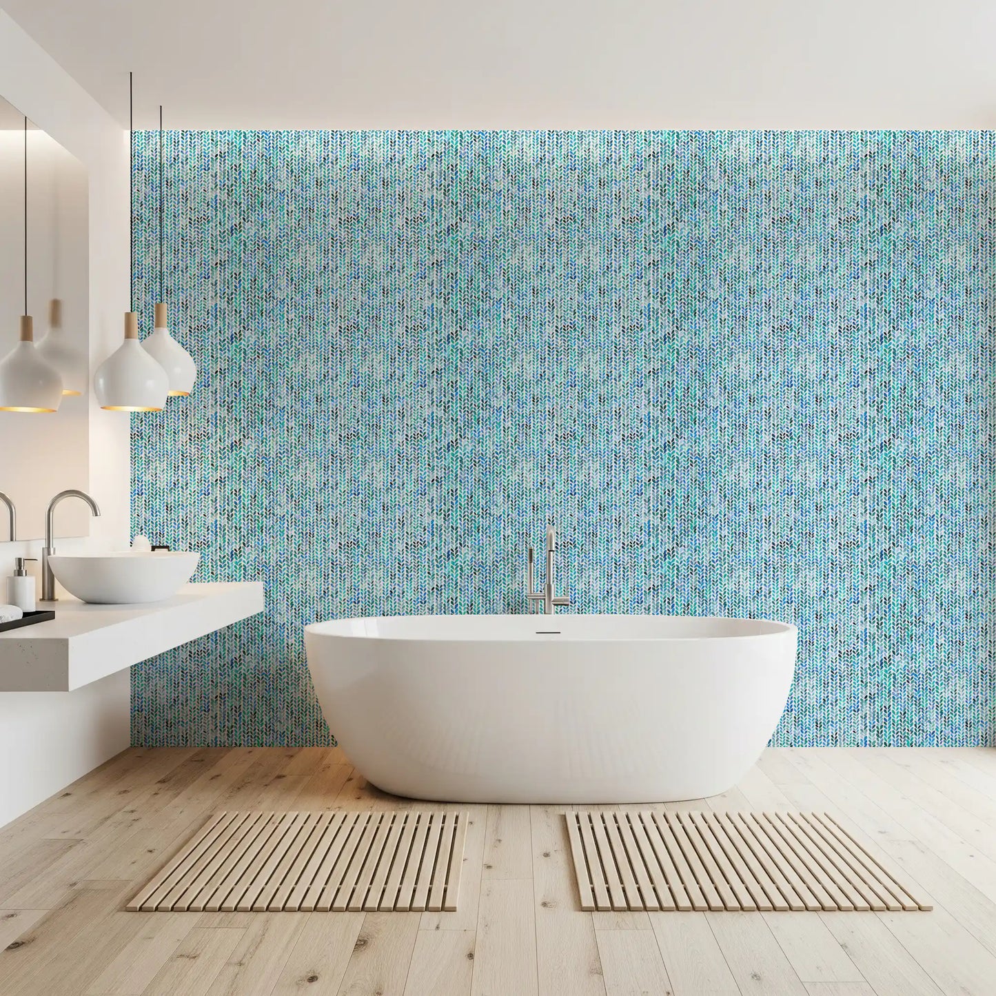 Wallpaper showing aqua knit cascade pattern in blue and teal tone in bathroom.