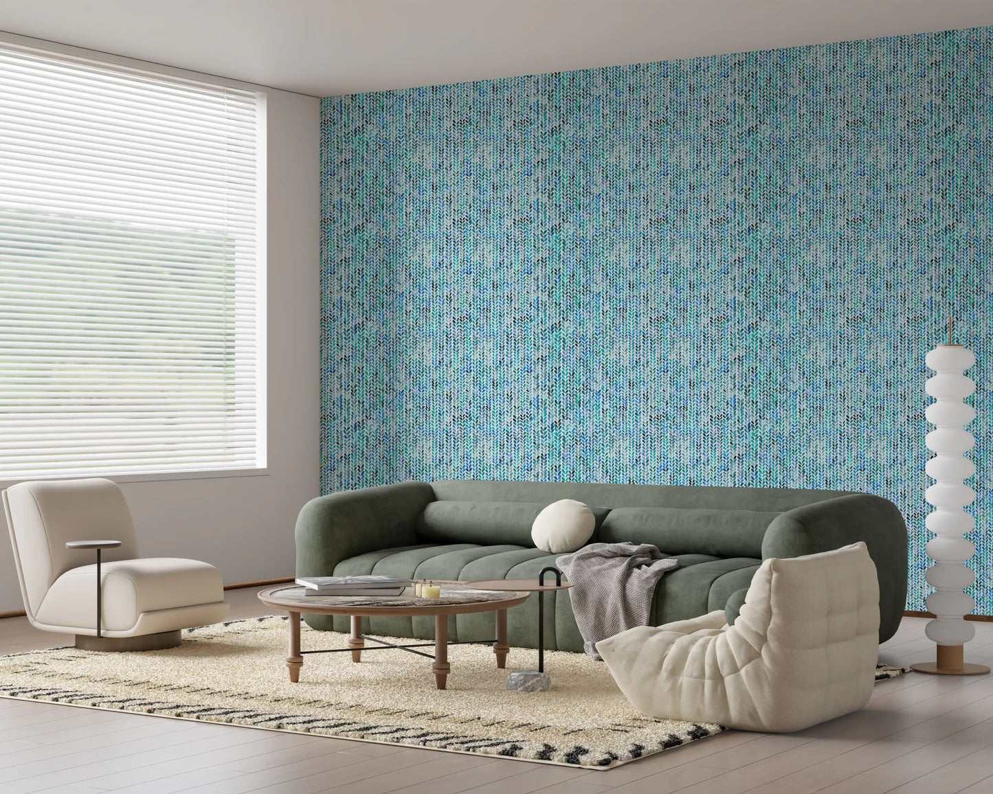 Blue and teal leaf column wallpaper with cascading watercolour knit marks.