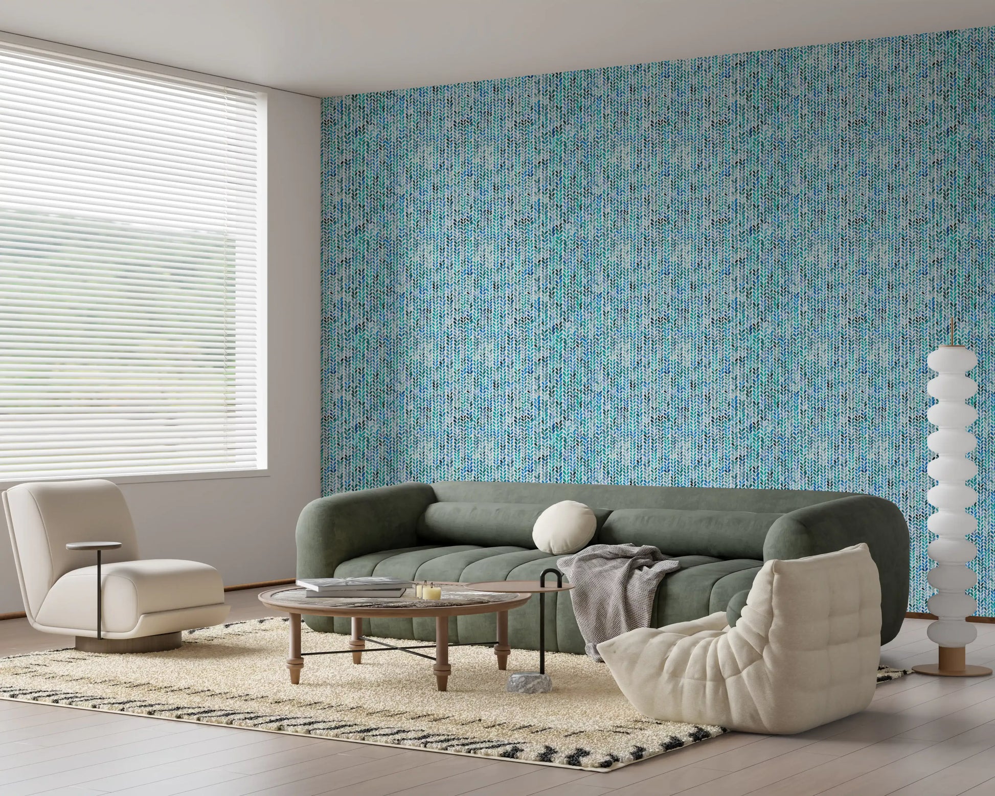Blue and teal leaf column wallpaper with cascading watercolour knit marks.