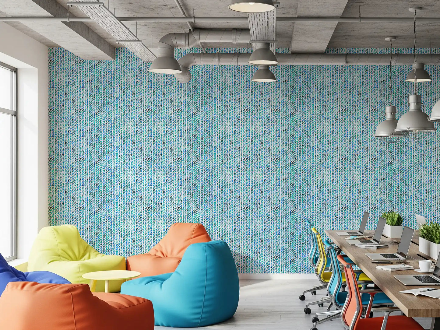 Multi-toned aqua wallpaper with vertical knit stitch leaf pattern in office.