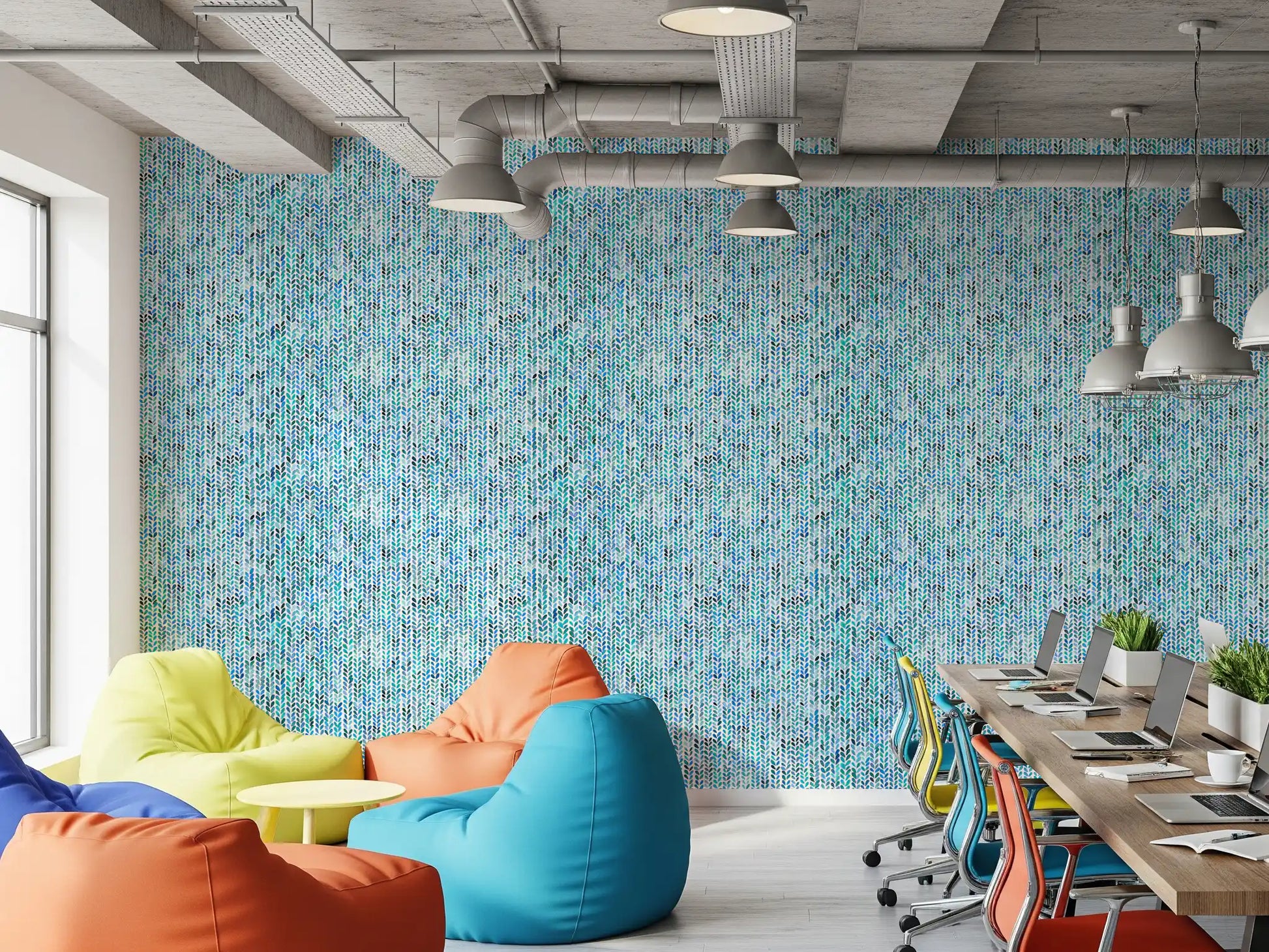 Multi-toned aqua wallpaper with vertical knit stitch leaf pattern in office.