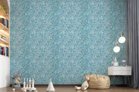 Watercolour knit wallpaper pattern in teal navy and aqua on white ground.