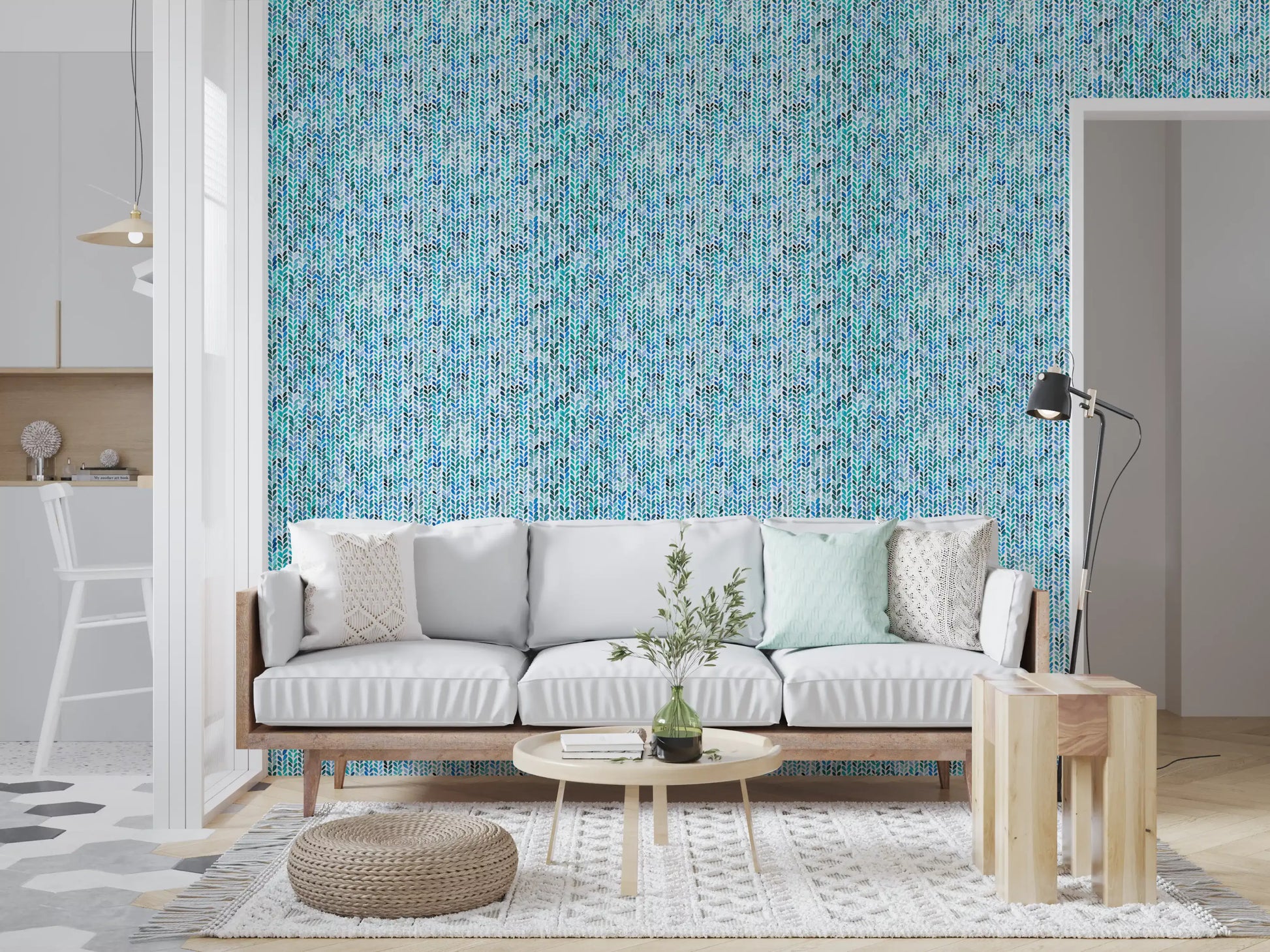 Repeating knit texture wallpaper in aqua blue and teal watercolour tones.