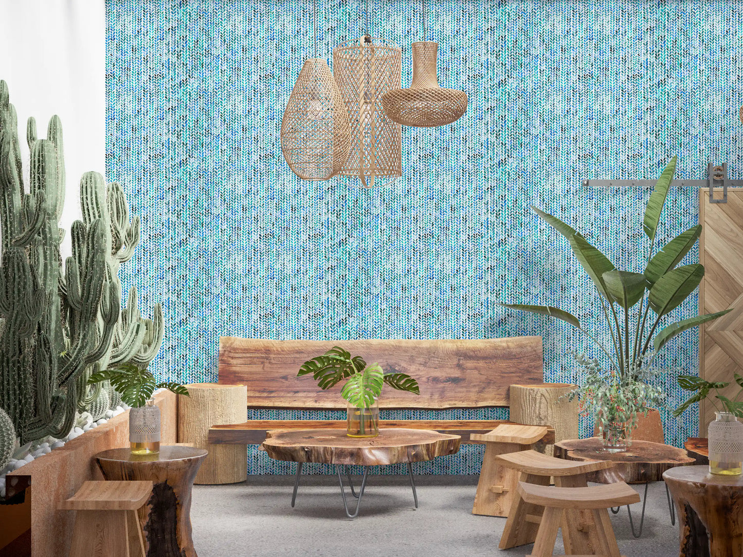 Vertical cascade of watercolour leaf marks on blue and teal wallpaper.