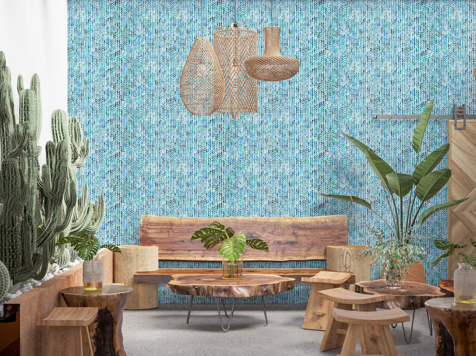 Vertical cascade of watercolour leaf marks on blue and teal wallpaper.