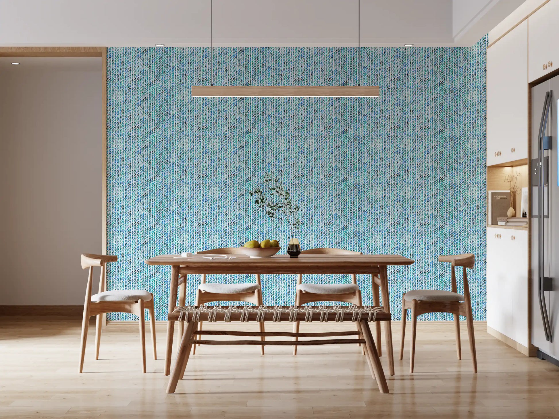 Teal and navy paired leaf marks on white background knit wallpaper for dining area.