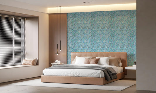 Aqua knit cascade wallpaper in a bedroom with blue and teal tones.