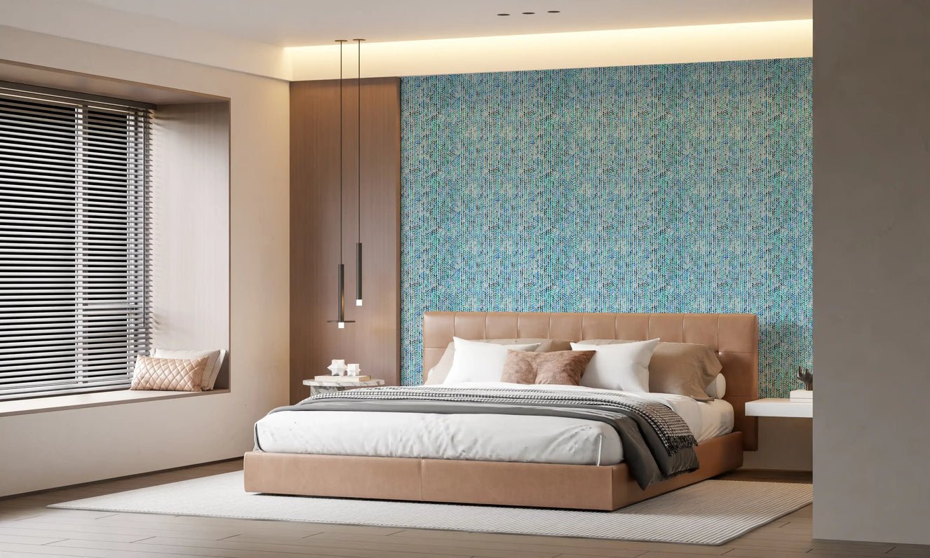 Aqua knit cascade wallpaper in a bedroom with blue and teal tones.
