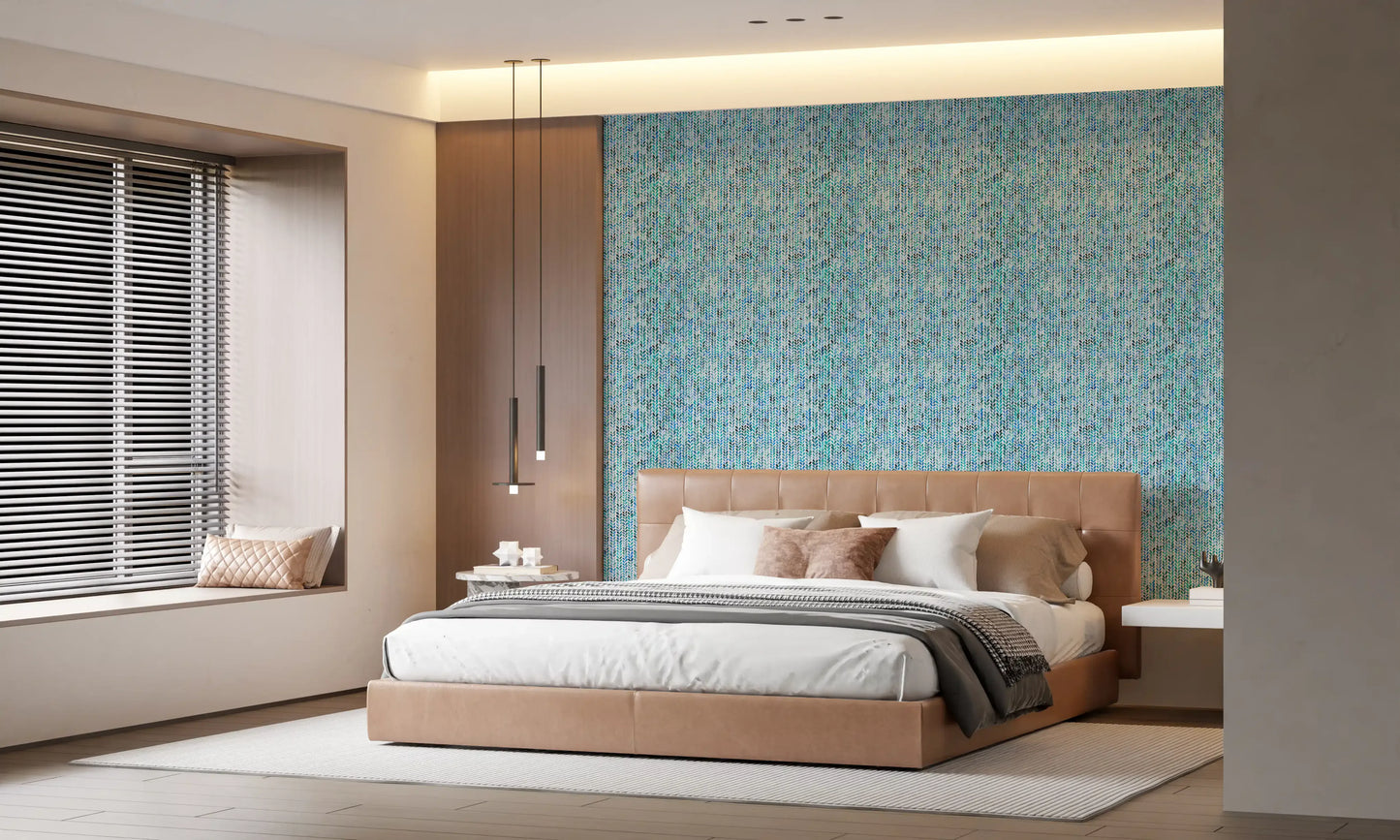 Aqua knit cascade wallpaper in a bedroom with blue and teal tones.