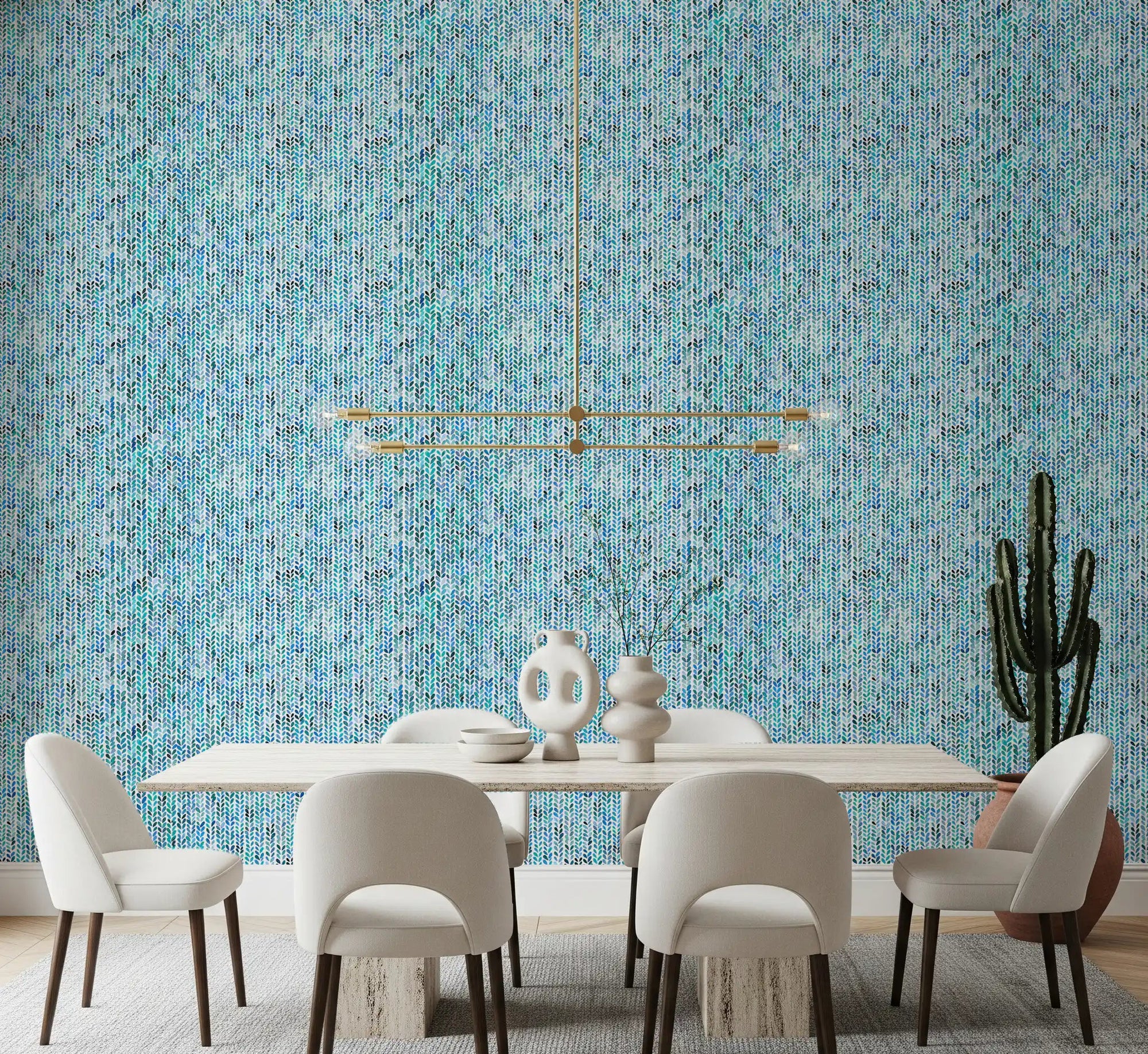 Blue watercolour knit wallpaper with leaf columns in a dining room., GD10586