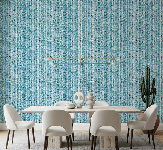 Blue watercolour knit wallpaper with leaf columns in a dining room.