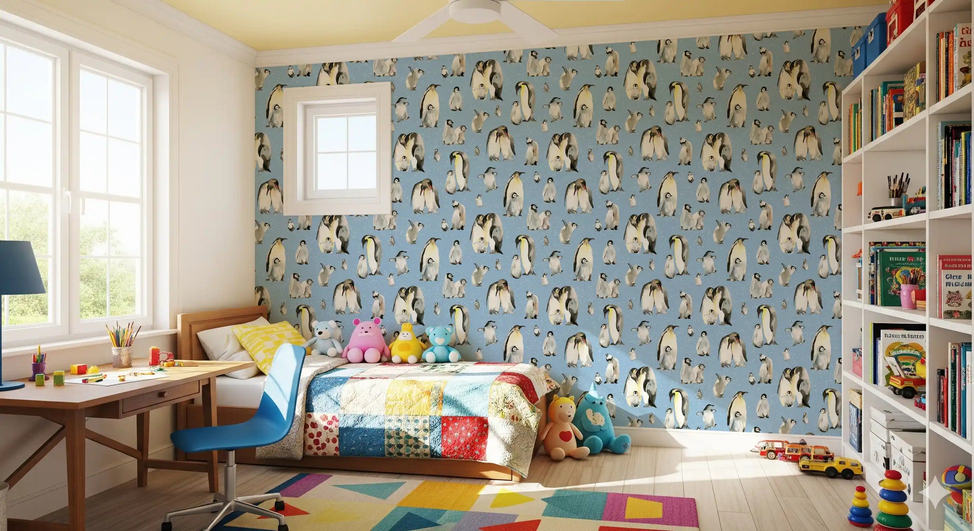 Watercolour penguin adults and hatchlings in a seamless wallpaper