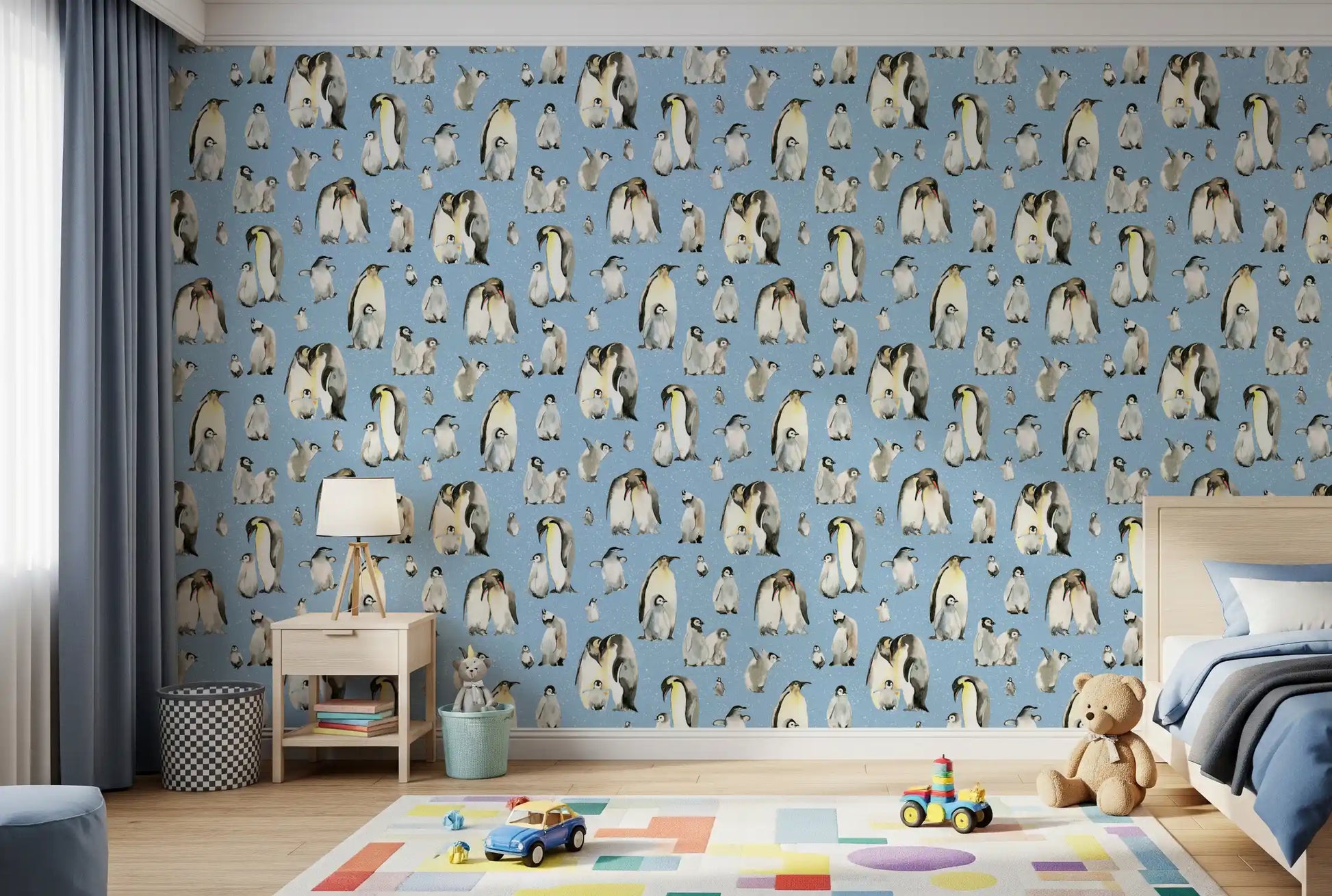 Bedroom wallpaper showing adult penguin gazing at fluffy chick on powder blue background.
