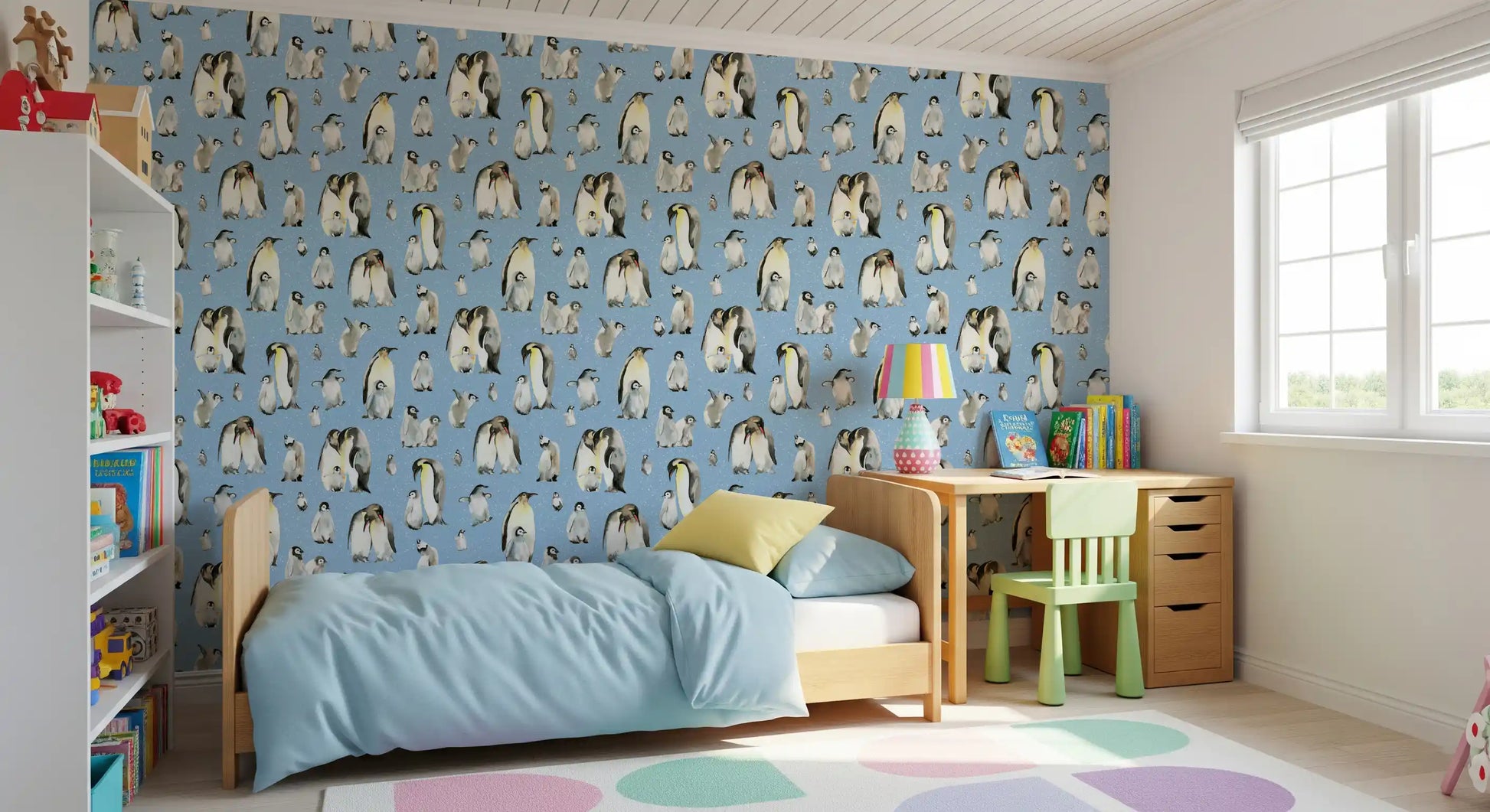 Soft blue wallpaper with grey penguin families and white speckle detail.