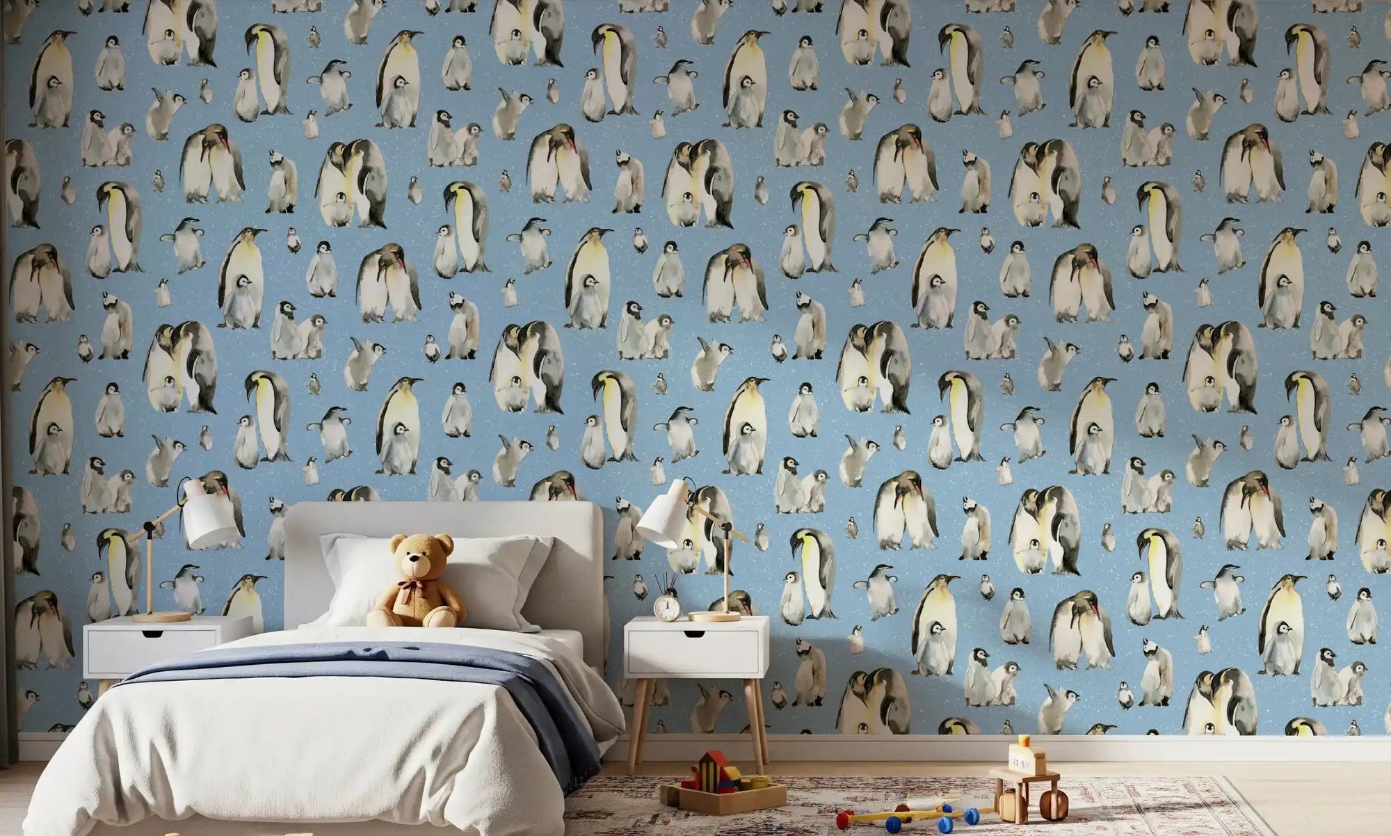 Soft blue penguin pattern wallpaper displayed in a children's bedroom., GD10587