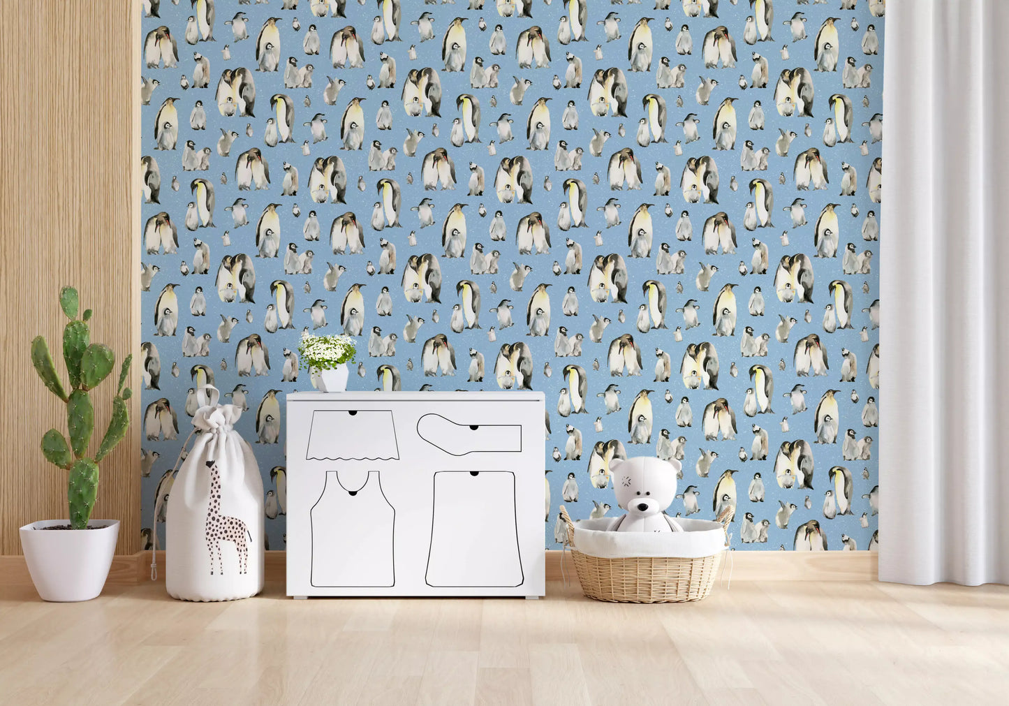 Multiple emperor penguin wallpaper with white snow texture on blue base. 