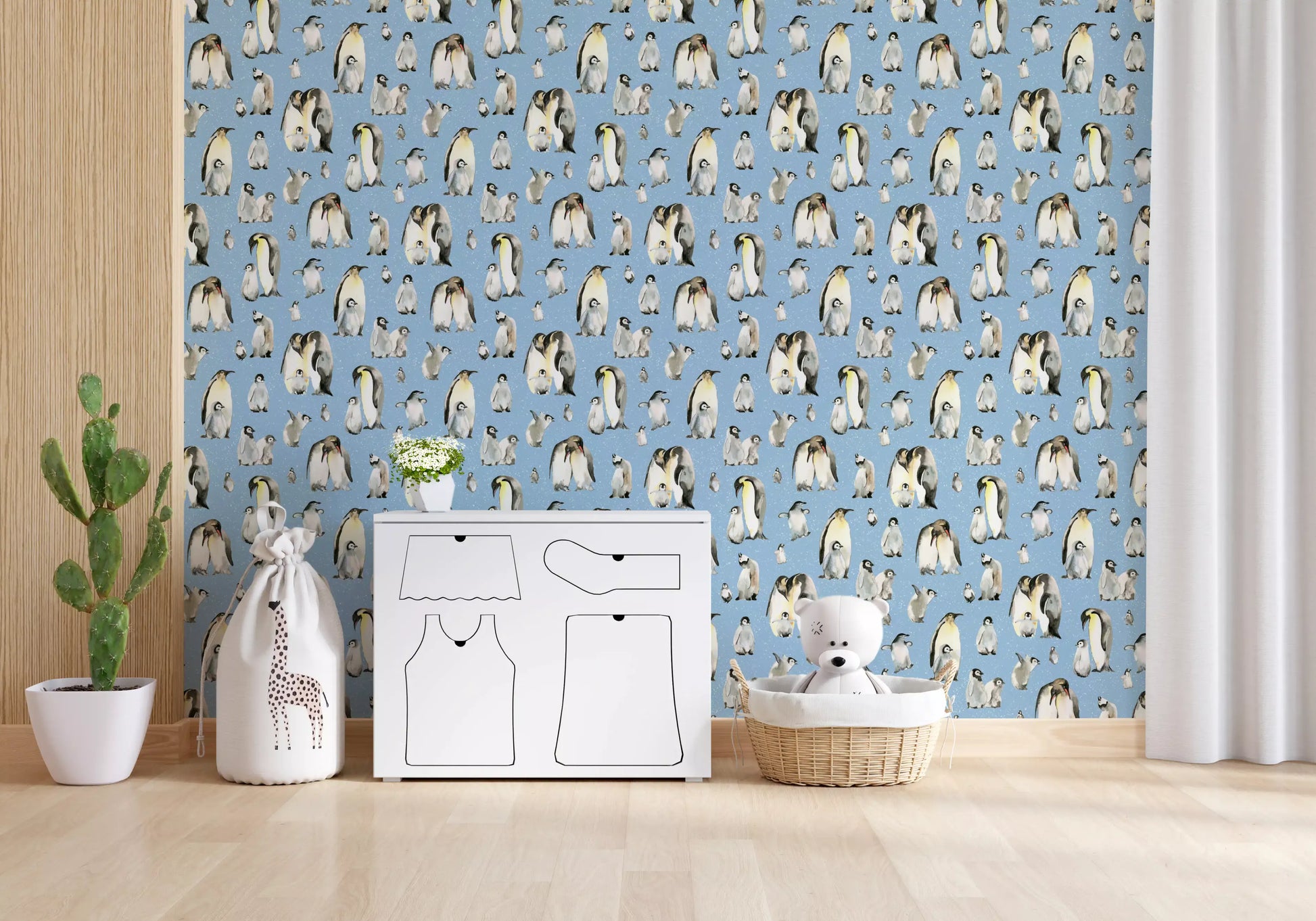 Multiple emperor penguin wallpaper with white snow texture on blue base. 