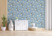 Multiple emperor penguin wallpaper with white snow texture on blue base. 
