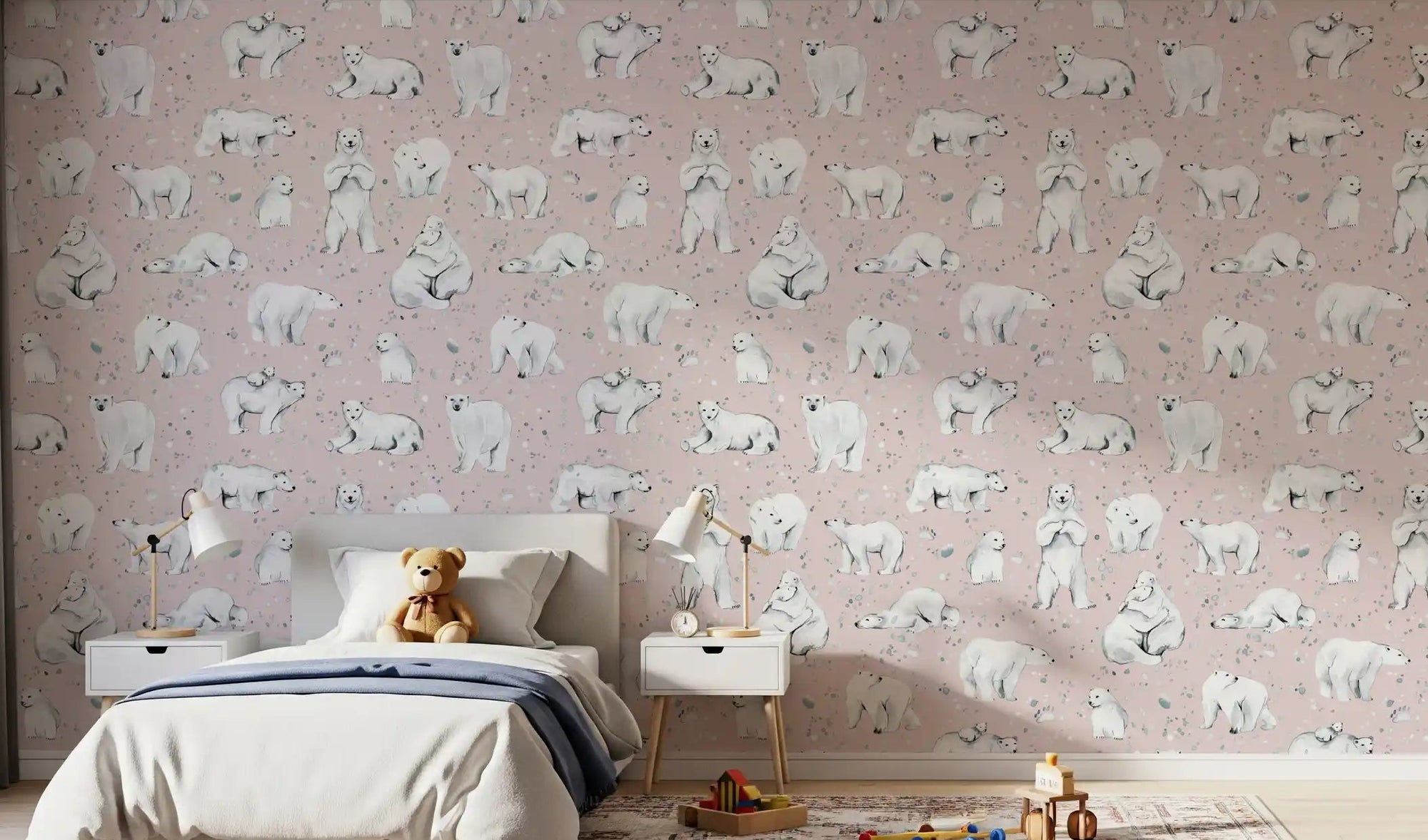 Blush pink bear pattern wallpaper displayed in a children's bedroom., GD10588