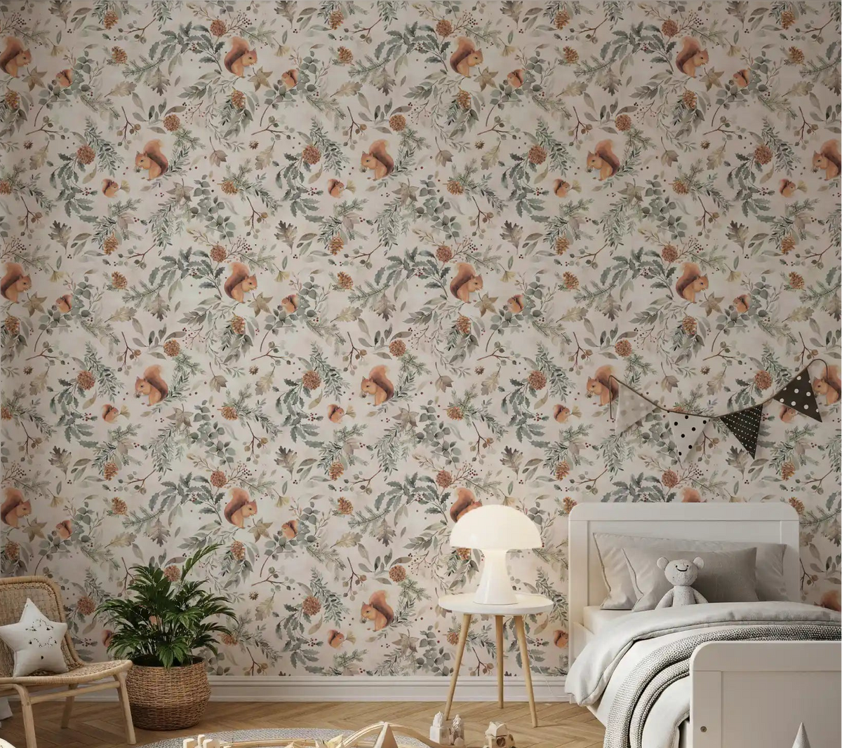 Woodland squirrel wallpaper adding warmth to a cosy kids bedroom wall, GD10589