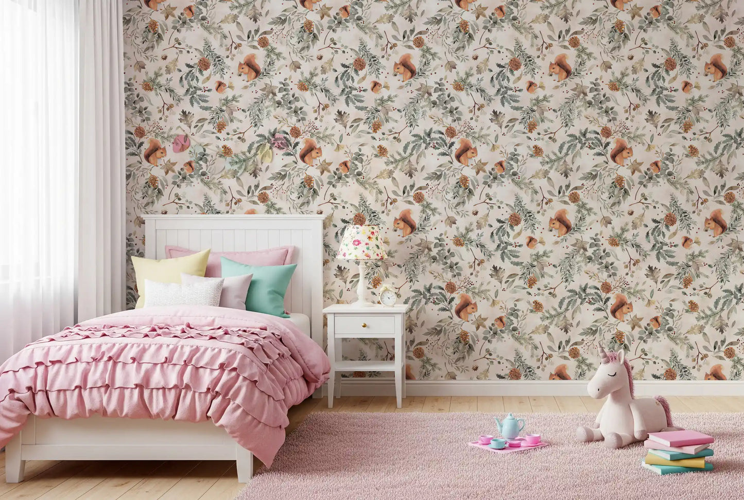 Cozy Woodland Squirrels & Pinecones Wallpaper Wallpaper⁠