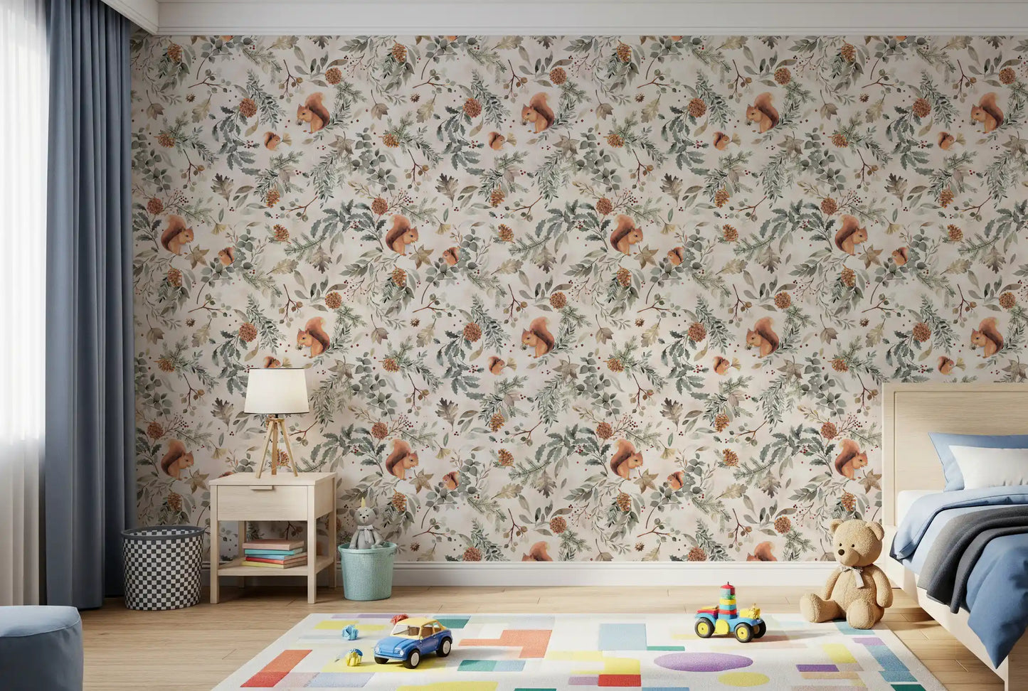 Cozy Woodland Squirrels & Pinecones Wallpaper Wallpaper⁠