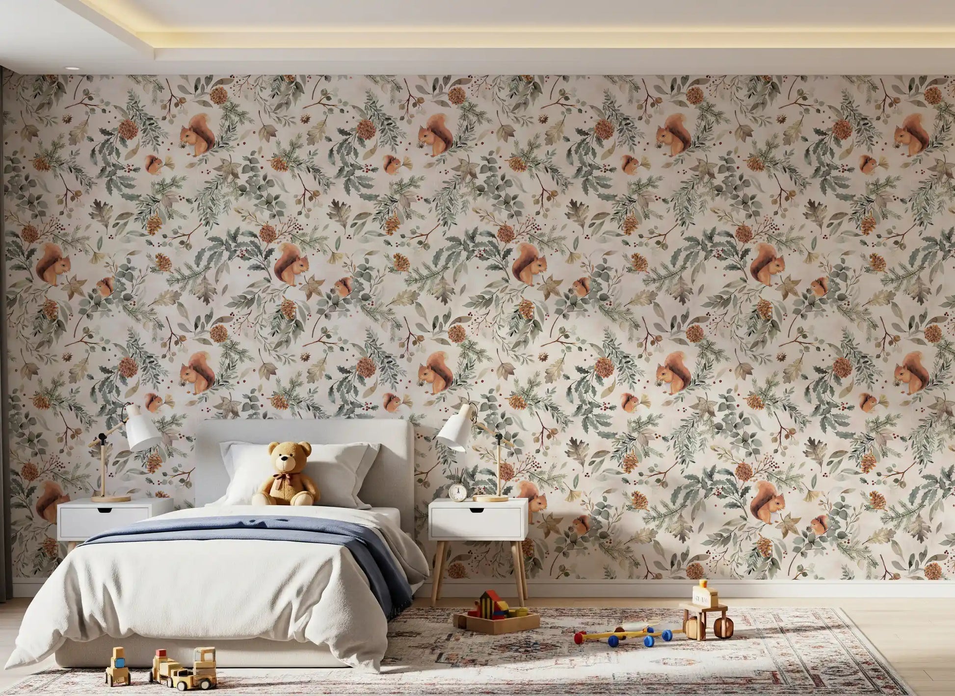 Cozy Woodland Squirrels & Pinecones Wallpaper Wallpaper⁠