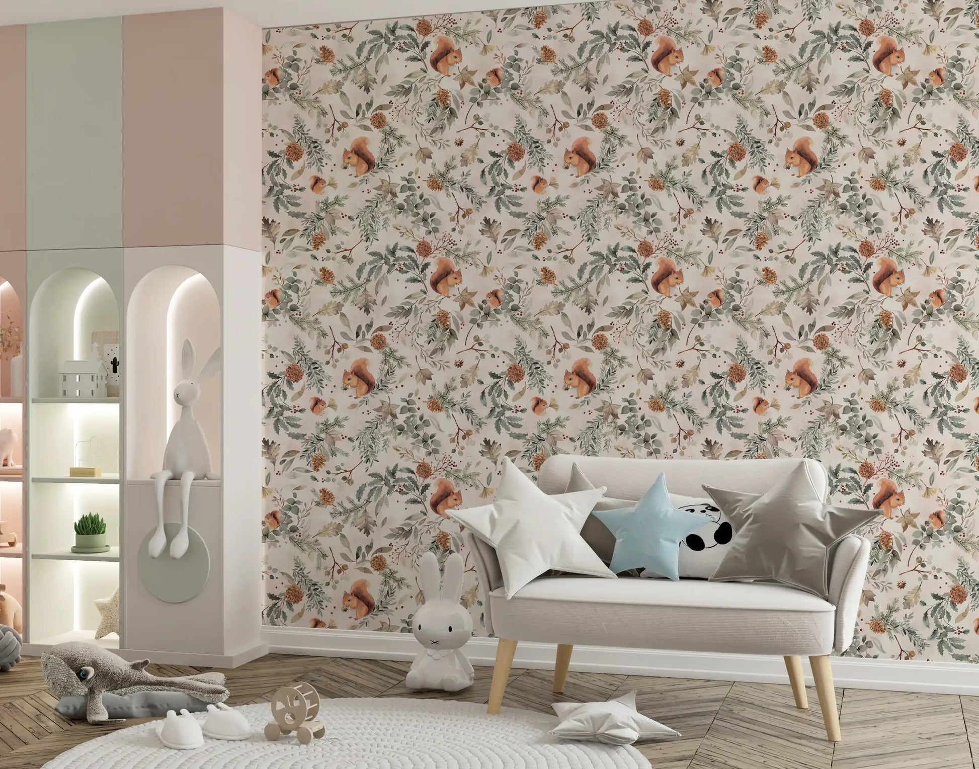 Cozy Woodland Squirrels & Pinecones Wallpaper Wallpaper⁠