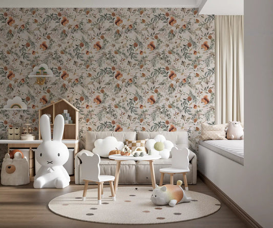 Watercolour forest foliage wallpaper with red squirrels in a seamless repeat layout. 
