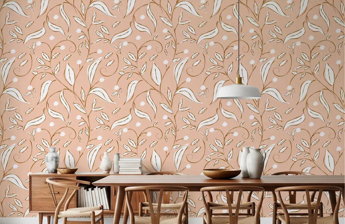 Pink botanical vine wallpaper displayed in a bright dining room space., GD10590