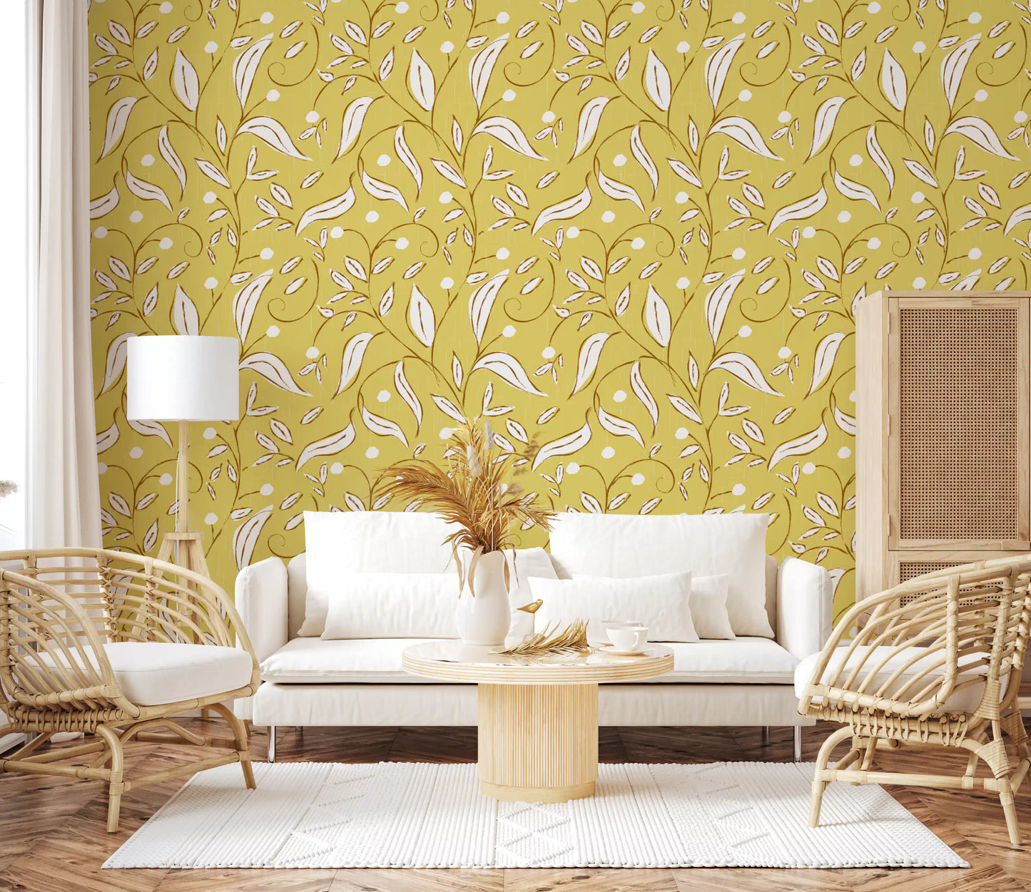Butter Yellow Botanical Vine Wallpaper Scandinavian Wallpaper⁠
