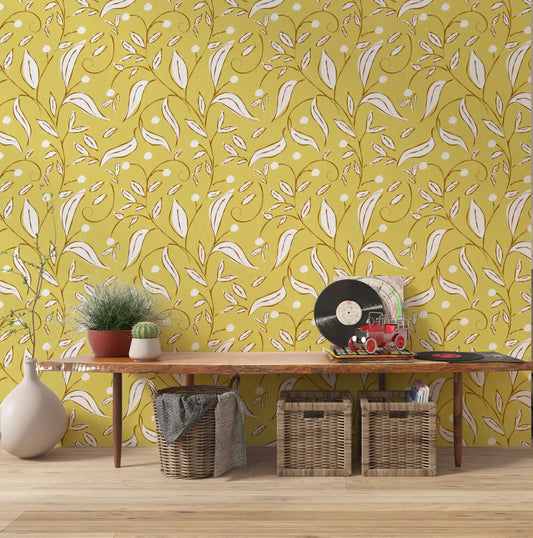 Butter yellow botanical wallpaper displayed in a modern hallway.