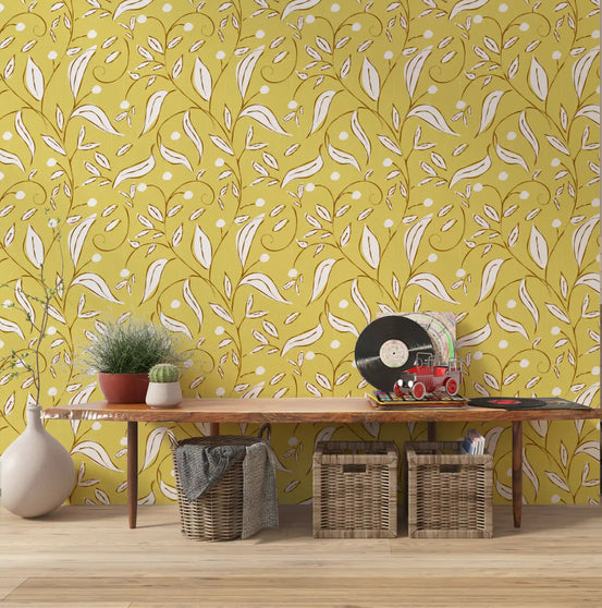 Butter yellow botanical wallpaper displayed in a modern hallway., GD10591