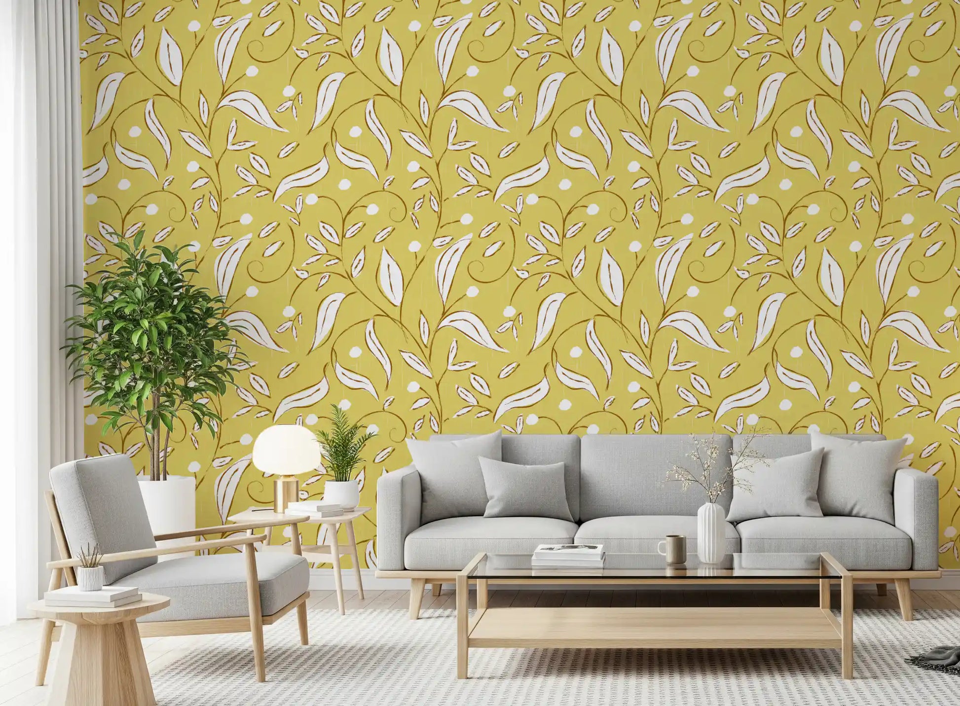 Butter Yellow Botanical Vine Wallpaper Scandinavian Wallpaper⁠