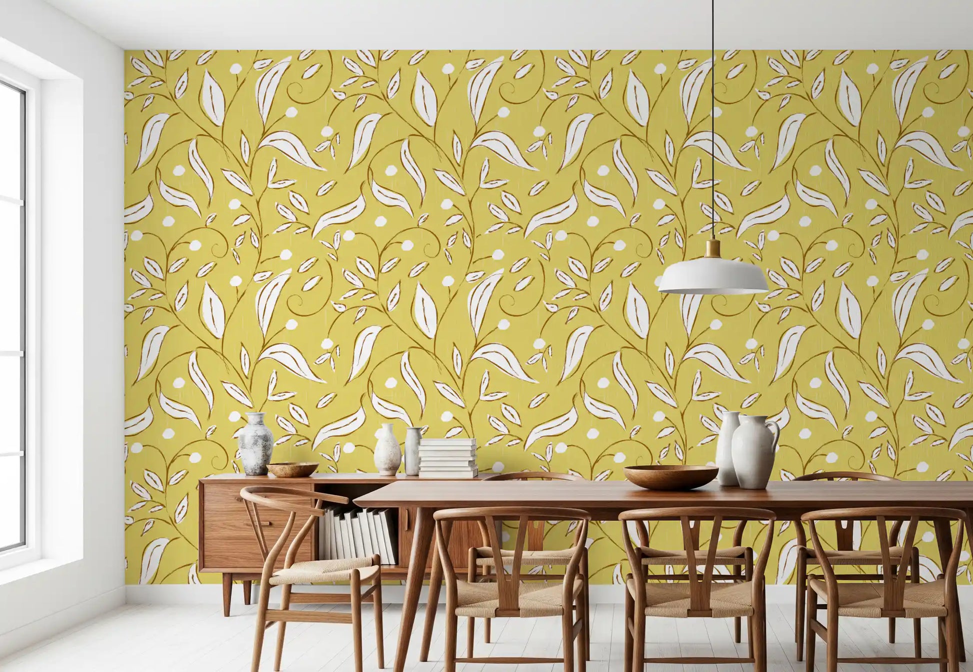 Butter Yellow Botanical Vine Wallpaper Scandinavian Wallpaper⁠