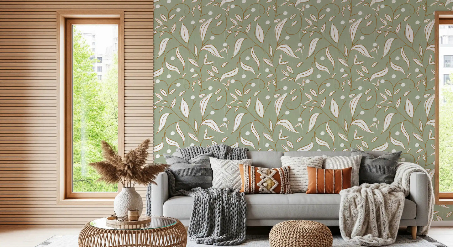 Sage Green Botanical Vine Wallpaper Scandinavian Wallpaper⁠