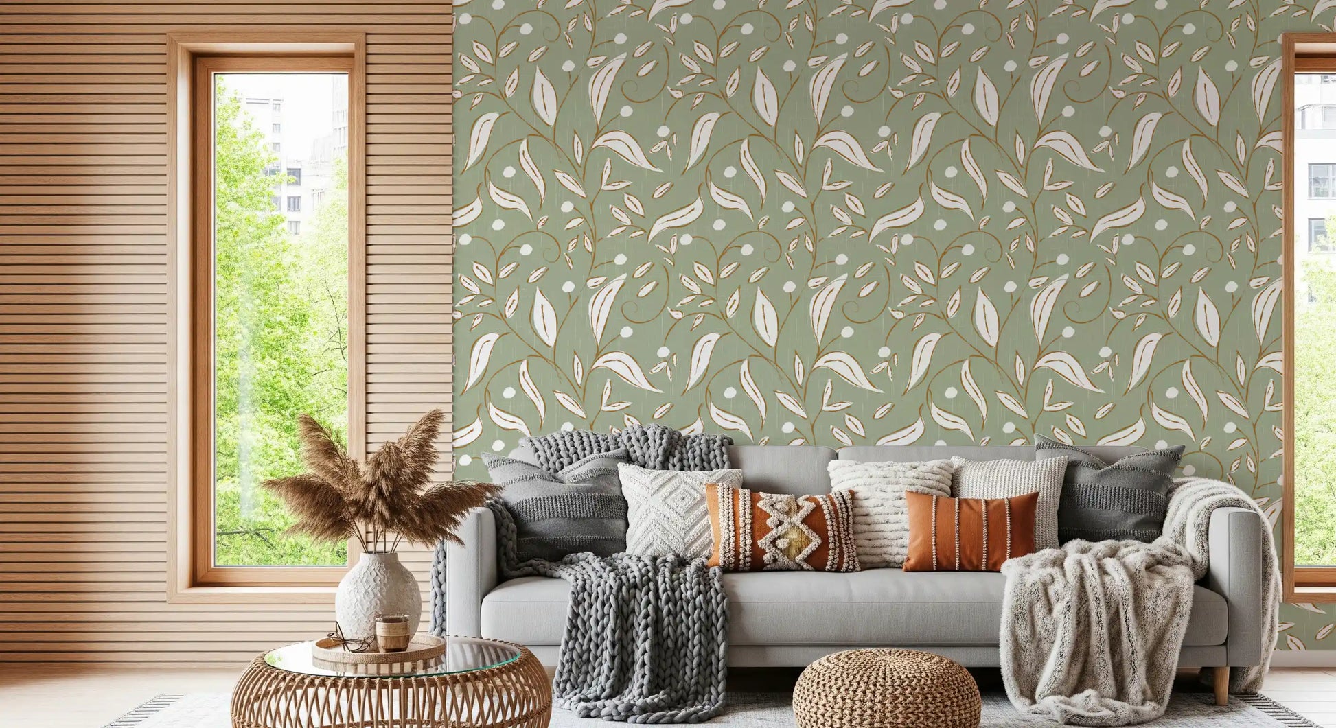 Sage Green Botanical Vine Wallpaper Scandinavian Wallpaper⁠