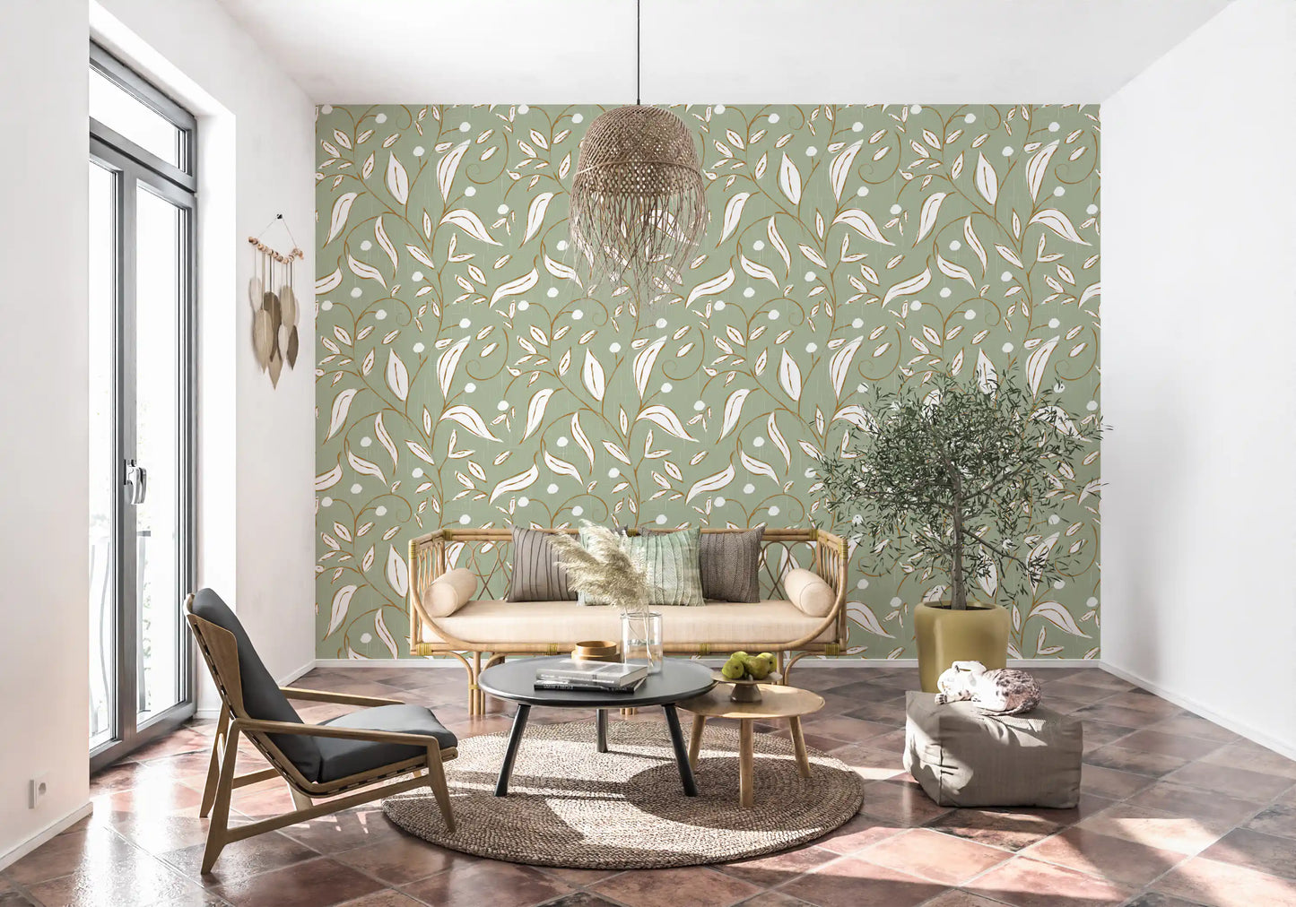 Sage Green Botanical Vine Wallpaper Scandinavian Wallpaper⁠