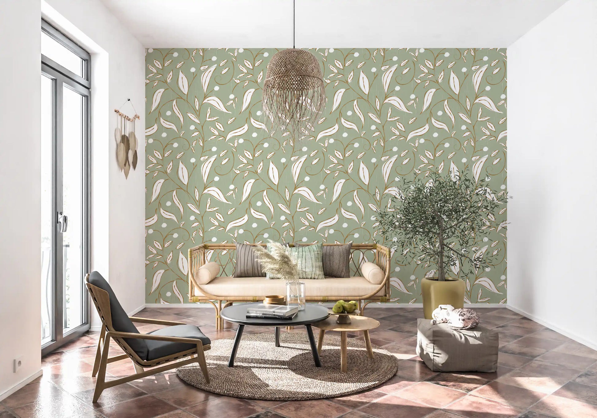 Sage Green Botanical Vine Wallpaper Scandinavian Wallpaper⁠