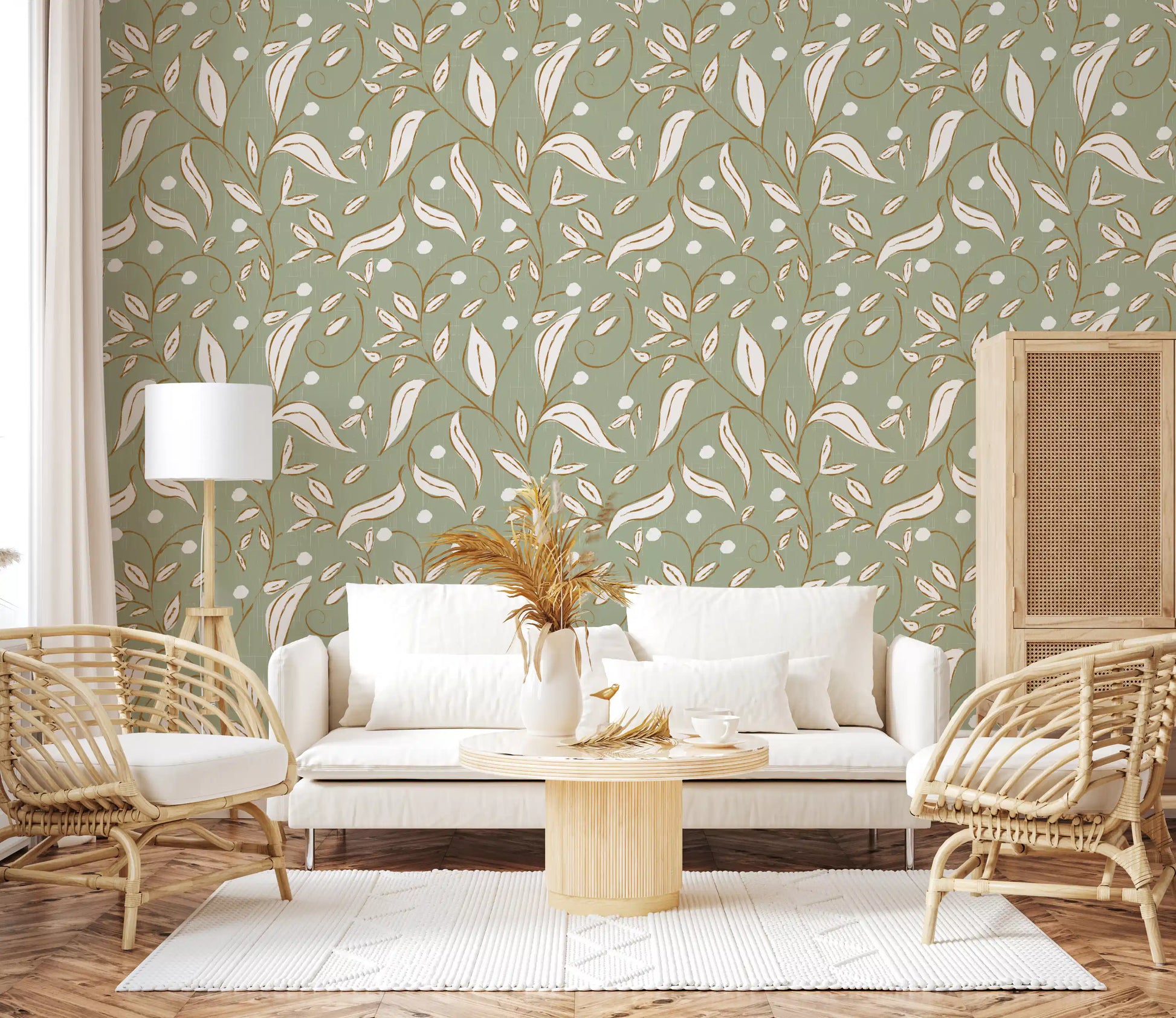 Sage Green Botanical Vine Wallpaper Scandinavian Wallpaper⁠