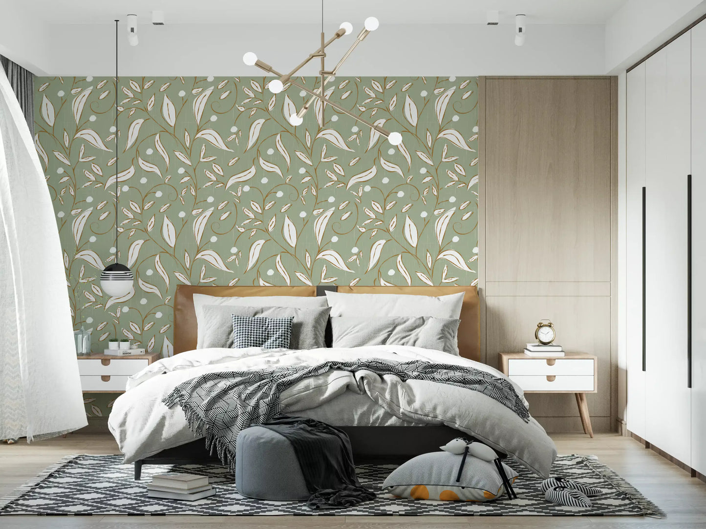 Sage Green Botanical Vine Wallpaper Scandinavian Wallpaper⁠