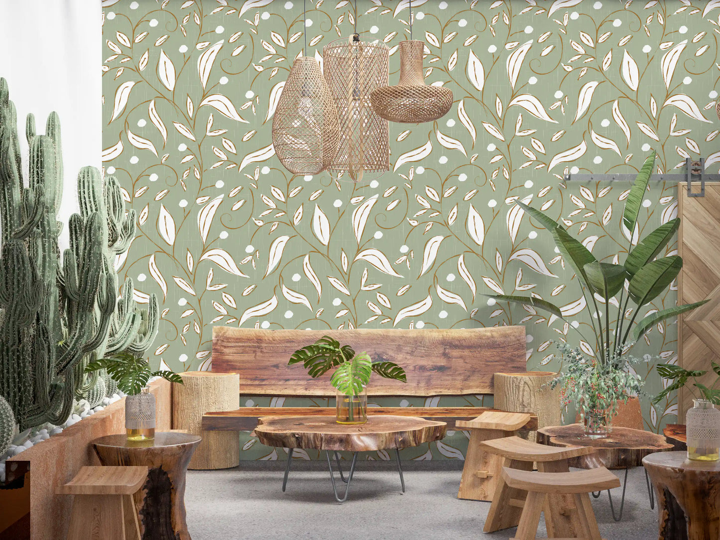 Sage Green Botanical Vine Wallpaper Scandinavian Wallpaper⁠