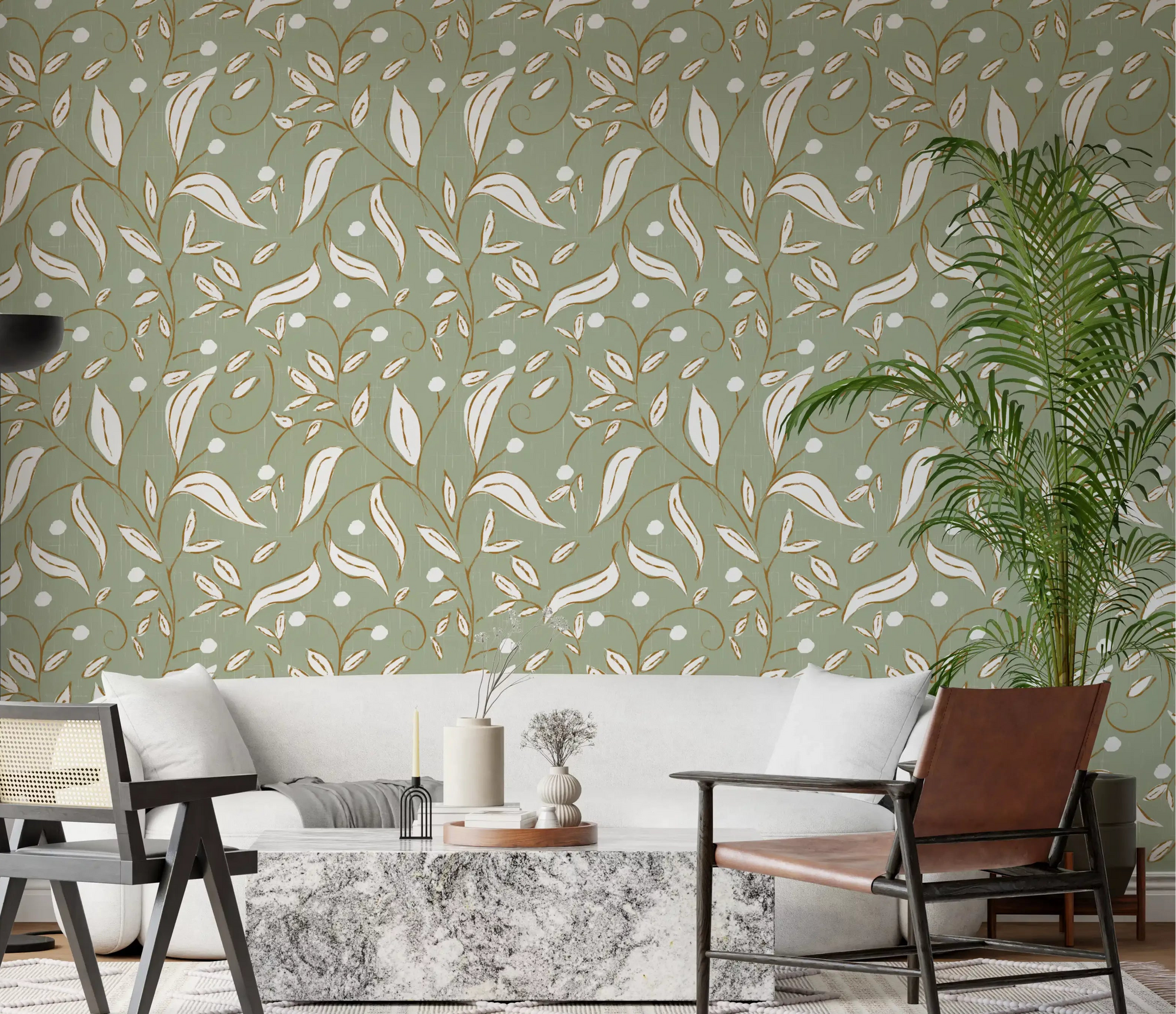 Sage green vine wallpaper covering a living room accent wall., GD10592