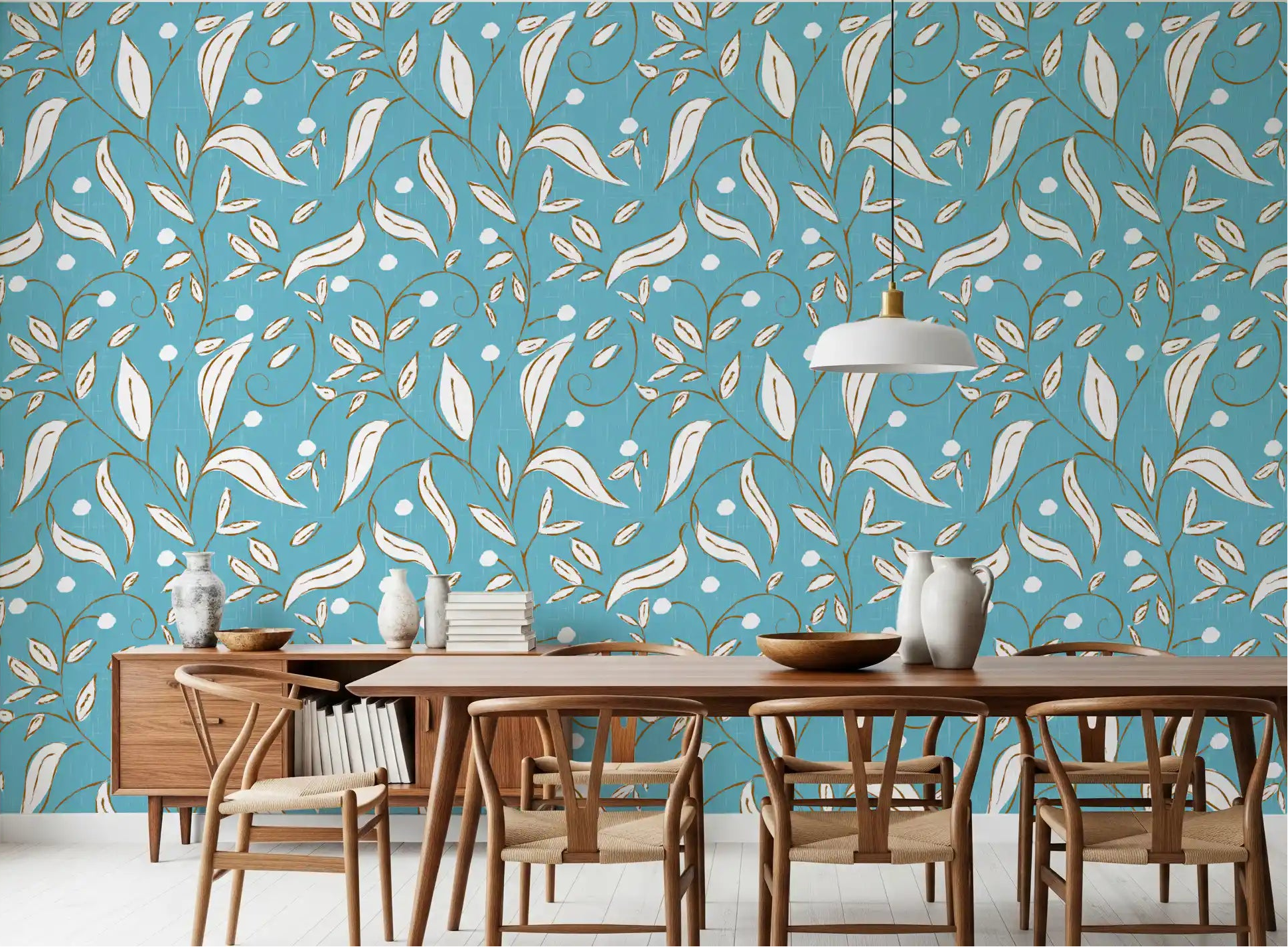 Botanical vine pattern wallpaper displayed in a dining room setting., GD10593