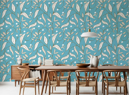 Botanical vine pattern wallpaper displayed in a dining room setting.